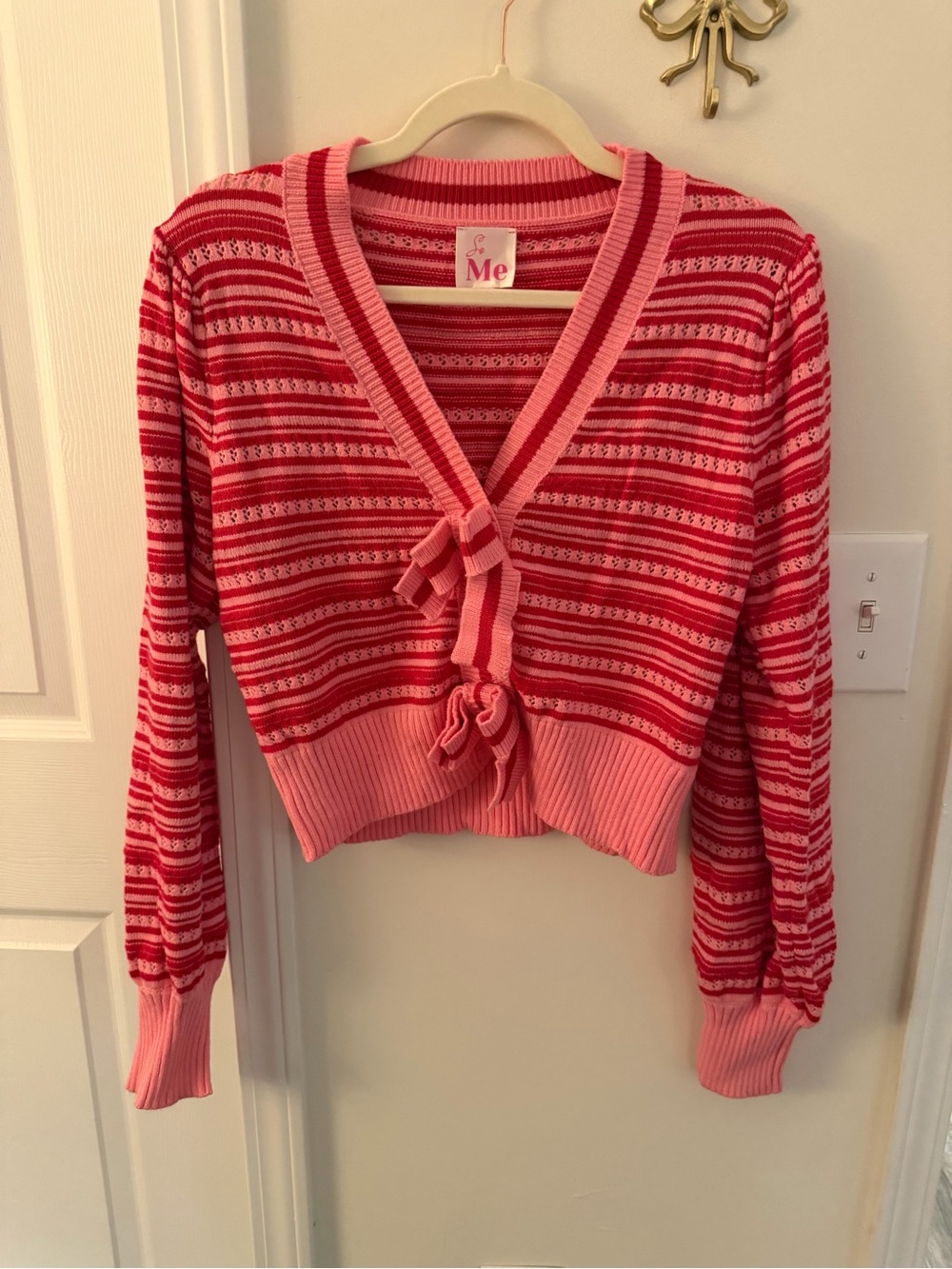Pink and red bow front pointelle striped cardigan